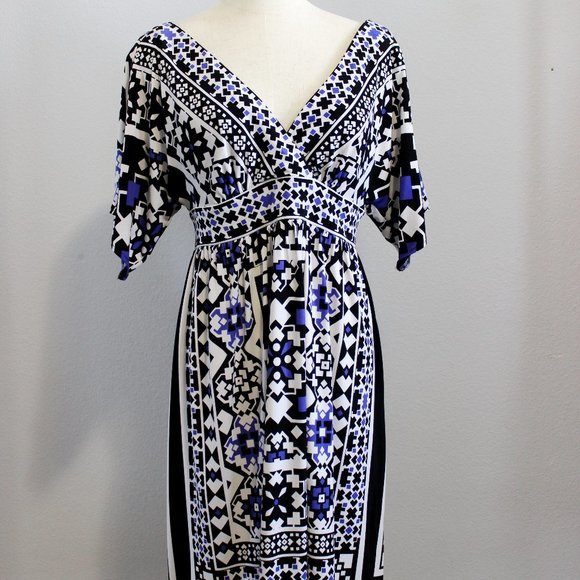 London Style Dresses & Skirts - LONDON STYLE EMPIRE WAIST DRESS SIZE 8 BLACK, WHITE & PURPLE STRETCH POLYESTER